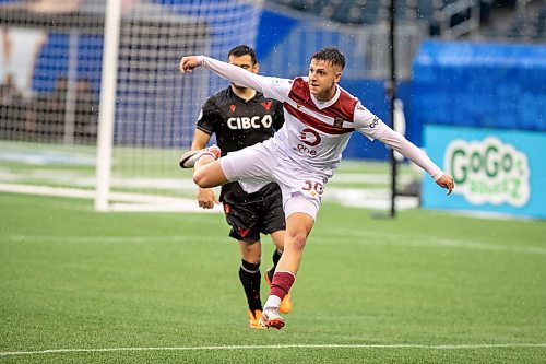 BROOK JONES / FREE PRESS.
Valour FC hosts visiting Vancouver FC in Canadian Premier League soccer action at Princess Auto Stadium in Winnipeg, Man., Sunday, June 2, 2024. Valour FC earned a 2-0 victory over Vancouver FC. Pictured: Valour FC defender Themi Antonoglou (No. 30) watches the soccer ball after giving it a kick during frist half action.