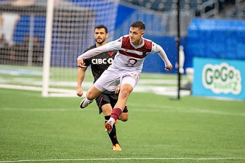 BROOK JONES / FREE PRESS.
Valour FC hosts visiting Vancouver FC in Canadian Premier League soccer action at Princess Auto Stadium in Winnipeg, Man., Sunday, June 2, 2024. Valour FC earned a 2-0 victory over Vancouver FC. Pictured: Valour FC defender Themi Antonoglou (No. 30) watches the soccer ball after giving it a kick during frist half action.