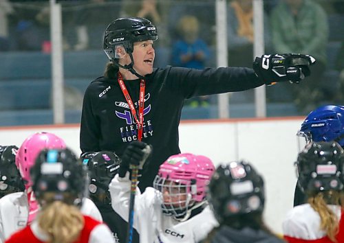 Coach Amy Doerksen gives instructions during the Fierce Female Hockey Camp on Sunday at Flynn Arena. (Photos by Thomas Friesen/The Brandon Sun)