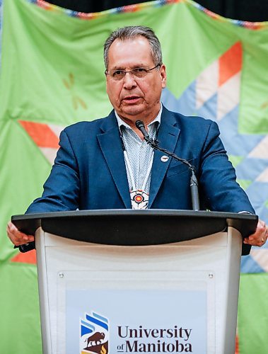 JOHN WOODS / FREE PRESS
Chief EJ Fontaine, representing the Southern Chiefs Organization, speaks at a rematriation and repatriation apology event at the University of Manitoba (U of MB) in Winnipeg Monday, June 3, 2024. President Michael Benarroch apologized for U of MB&#x2019;s history related to the inappropriate acquisition and housing of First Nations, Inuit and M&#xe9;tis ancestral remains, burial belongings, and cultural heritage without consent.

Reporter: nicole