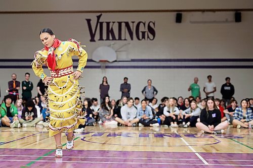 Demi Clearsky-Meeches performs a jingle dance. (Tim Smith/The Brandon Sun)