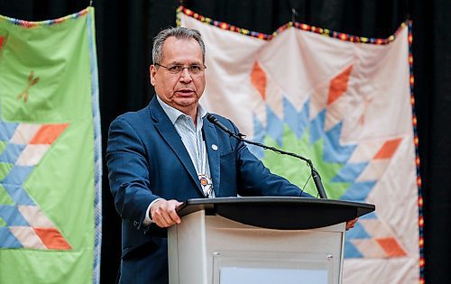 JOHN WOODS / FREE PRESS
Chief EJ Fontaine, representing the Southern Chiefs Organization, speaks at a rematriation and repatriation apology event at the University of Manitoba (U of MB) in Winnipeg Monday, June 3, 2024. President Michael Benarroch apologized for U of MB&#x2019;s history related to the inappropriate acquisition and housing of First Nations, Inuit and M&#xe9;tis ancestral remains, burial belongings, and cultural heritage without consent.

Reporter: nicole