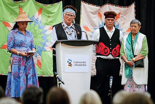 JOHN WOODS / FREE PRESS
Delegates from the Haida Gwaii Nation Sdahl K&#x2019;awaas (Lucy Bell), co-chair of Haida reparation committee, from left, and elders NangKihlgaa (Gord Mills), and Gulang Xulang Wii listen in as hereditary chief Gaahlaay speaks, at a rematriation and repatriation apology event at the University of Manitoba (U of MB) in Winnipeg Monday, June 3, 2024. President Michael Benarroch apologized for U of MB&#x2019;s history related to the inappropriate acquisition and housing of First Nations, Inuit and M&#xe9;tis ancestral remains, burial belongings, and cultural heritage without consent.

Reporter: nicole