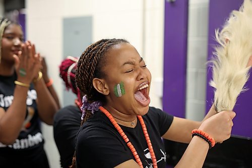 03062024
Grade ten student Chimdalu Akano cheers for fellow performers representing Nigeria as they perform during Culturama at Vincent Massey High School on Monday. The two-day event showcases and celebrates the wide variety of cultural backgrounds that make up the student population at the high school and includes performances and cuisine from culture&#x2019;s around the world. 
(Tim Smith/The Brandon Sun)