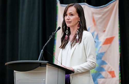 JOHN WOODS / FREE PRESS
Manitoba MLA and minister of Advanced Education and Training Ren&#xe9;e Cable speaks at a rematriation and repatriation apology event at the University of Manitoba (U of MB) in Winnipeg Monday, June 3, 2024. President Michael Benarroch apologized for U of MB&#x2019;s history related to the inappropriate acquisition and housing of First Nations, Inuit and M&#xe9;tis ancestral remains, burial belongings, and cultural heritage without consent.

Reporter: nicole