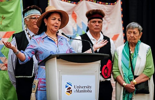 JOHN WOODS / FREE PRESS
Delegates from the Haida Gwaii Nation hereditary chief Gaahlaay, from left, and elders NangKihlgaa (Gord Mills), and Gulang Xulang Wii listen in as Sdahl K&#x2019;awaas (Lucy Bell), co-chair of Haida reparation committee speaks, at a rematriation and repatriation apology event at the University of Manitoba (U of MB) in Winnipeg Monday, June 3, 2024. President Michael Benarroch apologized for U of MB&#x2019;s history related to the inappropriate acquisition and housing of First Nations, Inuit and M&#xe9;tis ancestral remains, burial belongings, and cultural heritage without consent.

Reporter: nicole