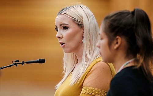 JOHN WOODS / FREE PRESS
Social work student Amari Dion-Hart listens in as  graduate student Savannah Moon speaks at a rematriation and repatriation apology event at the University of Manitoba (U of MB) in Winnipeg Monday, June 3, 2024. President Michael Benarroch apologized for U of MB&#x2019;s history related to the inappropriate acquisition and housing of First Nations, Inuit and M&#xe9;tis ancestral remains, burial belongings, and cultural heritage without consent.

Reporter: nicole