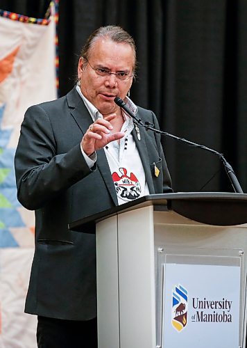 JOHN WOODS / FREE PRESS
Grand Chief Garrison Settee, representing Manitoba Keewatinowi, speaks at a rematriation and repatriation apology event at the University of Manitoba (U of MB) in Winnipeg Monday, June 3, 2024. President Michael Benarroch apologized for U of MB&#x2019;s history related to the inappropriate acquisition and housing of First Nations, Inuit and M&#xe9;tis ancestral remains, burial belongings, and cultural heritage without consent.

Reporter: nicole