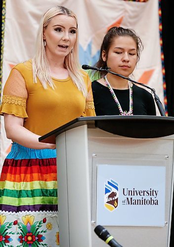 JOHN WOODS / FREE PRESS
Social work student Amari Dion-Hart listens in as  graduate student Savannah Moon speaks at a rematriation and repatriation apology event at the University of Manitoba (U of MB) in Winnipeg Monday, June 3, 2024. President Michael Benarroch apologized for U of MB&#x2019;s history related to the inappropriate acquisition and housing of First Nations, Inuit and M&#xe9;tis ancestral remains, burial belongings, and cultural heritage without consent.

Reporter: nicole