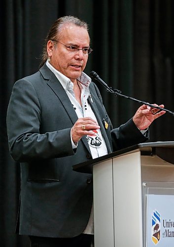 JOHN WOODS / FREE PRESS
Grand Chief Garrison Settee, representing Manitoba Keewatinowi, speaks at a rematriation and repatriation apology event at the University of Manitoba (U of MB) in Winnipeg Monday, June 3, 2024. President Michael Benarroch apologized for U of MB&#x2019;s history related to the inappropriate acquisition and housing of First Nations, Inuit and M&#xe9;tis ancestral remains, burial belongings, and cultural heritage without consent.

Reporter: nicole