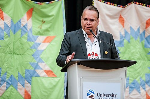 JOHN WOODS / FREE PRESS
Grand Chief Garrison Settee, representing Manitoba Keewatinowi, speaks at a rematriation and repatriation apology event at the University of Manitoba (U of MB) in Winnipeg Monday, June 3, 2024. President Michael Benarroch apologized for U of MB&#x2019;s history related to the inappropriate acquisition and housing of First Nations, Inuit and M&#xe9;tis ancestral remains, burial belongings, and cultural heritage without consent.

Reporter: nicole