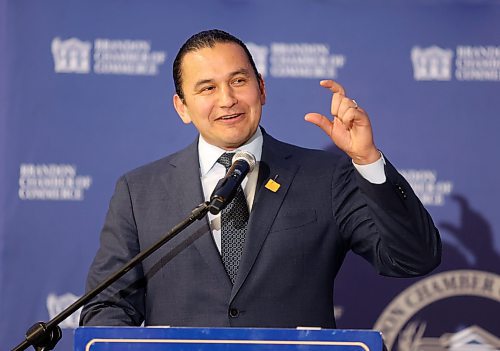 Manitoba Premier Wab Kinew gestures while giving the State of the Province speech during a Brandon Chamber of Commerce luncheon on Thursday. (Matt Goerzen/The Brandon Sun)