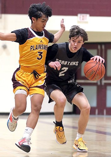 Neelin Spartans Junior Martine (2) battles for position during Brandon High School Basketball League varsity boys game earlier this year. He is sharing the male athlete of the year award with teammate Kal-El Wilson following an awards ceremony Tuesday night. (Thomas Friesen/The Brandon Sun)