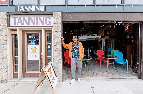 MIKE DEAL / FREE PRESS
Mel Mozel, owner of Bodyshades (893 Portage Ave), learned there'd be construction in front of his bar / cafe / tanning salon because he asked a construction worker as they were putting up a sign. Construction takes away parking and happens every year, he said. 
See Gabrielle Piche story
240606 - Thursday, June 06, 2024.