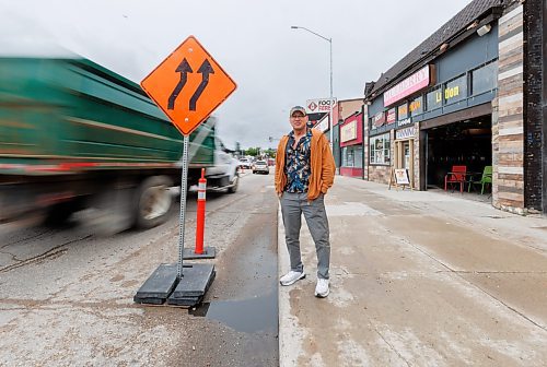 MIKE DEAL / FREE PRESS
Mel Mozel, owner of Bodyshades (893 Portage Ave), learned there'd be construction in front of his bar / cafe / tanning salon because he asked a construction worker as they were putting up a sign. Construction takes away parking and happens every year, he said. 
See Gabrielle Piche story
240606 - Thursday, June 06, 2024.