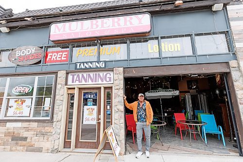 MIKE DEAL / FREE PRESS
Mel Mozel, owner of Bodyshades (893 Portage Ave), learned there'd be construction in front of his bar / cafe / tanning salon because he asked a construction worker as they were putting up a sign. Construction takes away parking and happens every year, he said. 
See Gabrielle Piche story
240606 - Thursday, June 06, 2024.