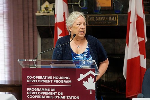 MIKE DEAL / FREE PRESS
Coral Hetherington a board member of the Westboine Park Housing Cooperative speaks during the announcement by Sean Fraser, Minister of Housing, Infrastructure and Communities, that the federal government will be creating a $1.5 billion program to build a &#x201c;new generation&#x201d; of co-op housing in Canada and help make housing more affordable.
See Tyler Searle story
240606 - Thursday, June 06, 2024.