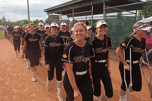 Presley Hodson, Charlie Shearer and injured catcher Alexa Banga lead the Westman Magic into the opening ceremonies of the U15 Girl's Canadian Fast Pitch Championships at the Ashley Neufeld Softball Complex in Brandon last August. The facility will host the U13 western Canadian championships this summer. (Tim Smith/The Brandon Sun)