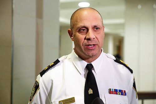 Mike Deal / Winnipeg Free Press
Winnipeg Police Service Superintendent, Dave Dalal, speaks during a media event held at CityPlace Shopping Centre Monday morning where Finance Minister Cliff Cullen, rather than purchase a new pair of shoes prior to budget day, as is tradition, instead has two pairs of winter boots that he is giving to members of the Downtown Community Safety Partnership (DCSP) to distribute to program participants in downtown Winnipeg who do not have proper winter footwear. 
230306 - Monday, March 6, 2023