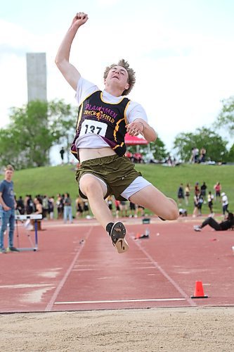 Crocus Plainsmen Simon Leckie competes in the varsity boys' long jump final at track and field provincials in Winnipeg on Friday. (Thomas Friesen/The Brandon Sun)