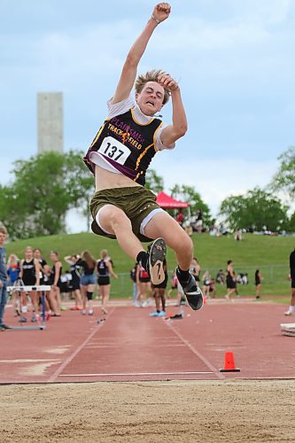 Crocus Plainsmen Simon Leckie competes in the varsity boys' long jump final at track and field provincials in Winnipeg on Friday. (Thomas Friesen/The Brandon Sun)