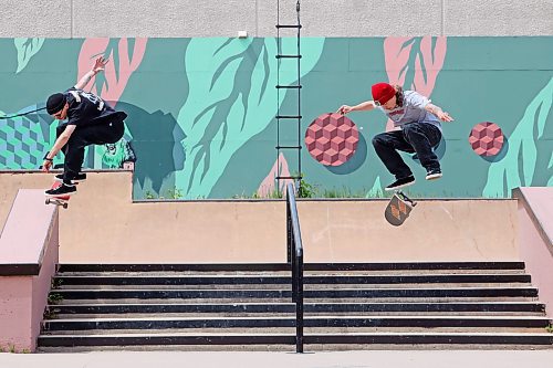 Lukas Trout and Taber Collens skate at the Kristopher Campbell Memorial Skatepark on Friday. Recovery Skateshop, owned by Collens, is hosting a skateboard demonstration and contest on Monday at 5 p.m. that will feature skateboarders from Recovery as well as the Sk8 Skates team from Winnipeg. Recovery has also teamed up with Black Wheat Brewing for Go Skateboarding Day celebrations on June 21 that will feature events at the skatepark followed by live music and other events at Black Wheat. (Tim Smith/The Brandon Sun)