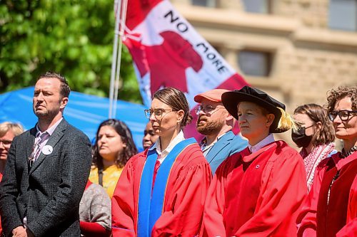 Mike Sudoma/Free Press
University of Winnipeg members of faculty and encampment supporters stand in solidarity during a rally in front of the encampments at the University of Winnipeg Friday
June 7, 2024