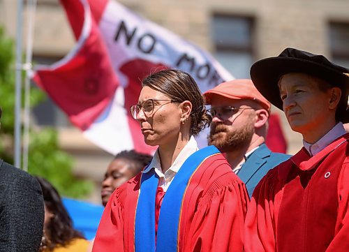 Mike Sudoma/Free Press
University of Winnipeg members of faculty and encampment supporters stand in solidarity during a rally in front of the encampments at the University of Winnipeg Friday
June 7, 2024