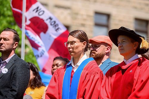 Mike Sudoma/Free Press
University of Winnipeg members of faculty and encampment supporters stand in solidarity during a rally in front of the encampments at the University of Winnipeg Friday
June 7, 2024