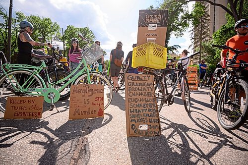 Mike Sudoma/Free Press
Signs lean up against a row of bicycles during a protest held in memoriam of a cyclist who was killed at the intersection of Cockburn and Wellington Crescent this past Thursday
June 7, 2024