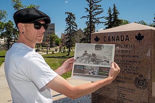 BROOK JONES / FREE PRESS
The Royal Winnipeg Rifles Association host an 80th D-Day anniversary ceremony at Vimy Ridge Park in Winnipeg, Man., Saturday, June 8, 2024. Pictured: Winnipeg resident Jonathan Williams holds a copy of the Free Press following the ceremony. His grandfather Allan Williams, who was born in 1923 and died in 2005, was an infantry soldier with the Royal Winnipeg Rifles during the Commonwealth invasion of Normandy, France on D-Day June 6, 1944 and is featured (wearing helmet with vegetation camouflage on it) in a Library and Archives Canada photo that appeared on the front page of section 49.8 of the Free Press Saturday, June 1, 2024.