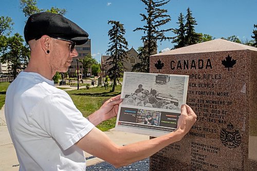 BROOK JONES / FREE PRESS
The Royal Winnipeg Rifles Association host an 80th D-Day anniversary ceremony at Vimy Ridge Park in Winnipeg, Man., Saturday, June 8, 2024. Pictured: Winnipeg resident Jonathan Williams holds a copy of the Free Press following the ceremony. His grandfather Allan Williams, who was born in 1923 and died in 2005, was an infrantry soldier with the Royal Winnipeg Rifles during the Commonwealth invasion of Normandy, France on D-Day June 6, 1944 and is featured (wearing helmet with vegetation camouflage on it) in a Library and Archives Canada photo that appeared on the front page of section 49.8 of the Free Press Saturday, June 1, 2024.