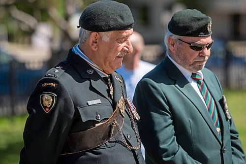 BROOK JONES / FREE PRESS
The Royal Winnipeg Rifles Association host an 80th D-Day anniversary ceremony at Vimy Ridge Park in Winnipeg, Man., Saturday, June 8, 2024. Pictured: Lt.-Col. Albert EL Tassi (left) stands beside retired Maj. Richard Desjardins, who is also the president of the RWRA, during the commemoration ceremony.