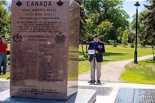 BROOK JONES / FREE PRESS
The Royal Winnipeg Rifles Association host an 80th D-Day anniversary ceremony at Vimy Ridge Park in Winnipeg, Man., Saturday, June 8, 2024. Pictured: Retired Col. Robert Poirier speaks during the commemoration ceremony as a monument in honour of the Royal Winnipeg Rifles appears in the foreground.