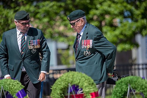 BROOK JONES / FREE PRESS
The Royal Winnipeg Rifles Association host an 80th D-Day anniversary ceremony at Vimy Ridge Park in Winnipeg, Man., Saturday, June 8, 2024. Pictured: Retired Maj. Richard Desjardins (left), who is also the president of the RWRA, stands next to retired warrant officer second class Robert Geddess after laying a wreath on behalf of veterans organizations, the RWFA, during the commemoration ceremony.