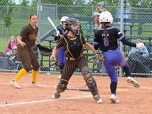 Under-15 AAA Westman Magic catcher Rachel Lyver of Brandon tags out Central Energy base runner Kennedy Funk of Morden (8), who was caught in a rundown after a bunt during the Wheat City Classic at Ashley Neufeld Softball Complex on Sunday. Third baseman Kaylee Rank of Brandon (15) watches in the background after charging in to field the ball on the initial play. Central Energy earned the victory. (Perry Bergson/The Brandon Sun)
June 9, 2024