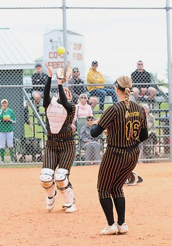 Under-17 AAA Westman Magic catcher Alexa Banga of Virden hauls in a popup under the watchful eye of first baseman Macie McIvor of Brandon (16) in a game against the Dickinson Diamonds during the Wheat City Classic at Ashley Neufeld Softball Complex on Sunday. Dickinson eked out a 2-1 victory. (Perry Bergson/The Brandon Sun)
June 9, 2024