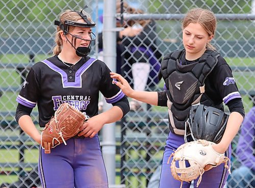 Central Energy catcher Taryn Toews of the RM of Stanley (6) reassures pitcher Addison Nickel of Winkler (16) she's OK after taking a foul ball off the mask during a game against the Westman Magic during the Wheat City Classic at Ashley Neufeld Softball Complex on Sunday. (Perry Bergson/The Brandon Sun)
June 9, 2024