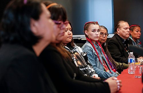 JOHN WOODS / FREE PRESS
Cambria Harris listens in as the Assembly of Manitoba Chiefs grand chief Cathy Merrick speaks at a press conference at the Assembly of Manitoba Chiefs office in Winnipeg Monday, June 10, 2024. Family and supporters gather at the press conference to respond after the final day of the trial of the serial killer of Rebecca Contois, Morgan Harris, Marcedes Myran, and Mashkode Bizhiki'ikwe (Buffalo Woman). 

Reporter: nicole