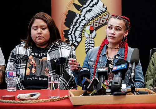 JOHN WOODS / FREE PRESS
Cambria Harris, right, with Stephanie Contois, sister of Rebecca Contois, speaks during a press conference at the Assembly of Manitoba Chiefs office in Winnipeg Monday, June 10, 2024. Family and supporters gather at the press conference to respond after the final day of the trial of the serial killer of Rebecca Contois, Morgan Harris, Marcedes Myran, and Mashkode Bizhiki'ikwe (Buffalo Woman). 

Reporter: nicole