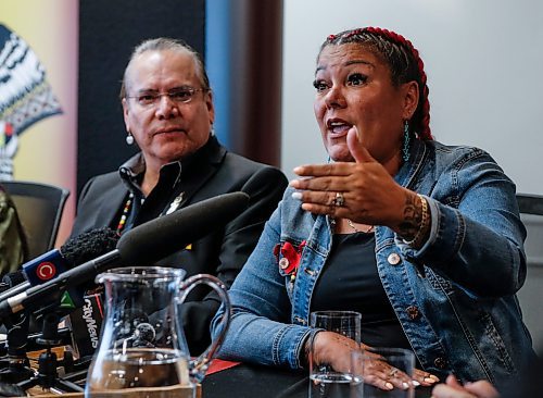 JOHN WOODS / FREE PRESS
Grand Chief Garrison Settee, Manitoba Keewatinowi Okimakanak, listens in as Melissa Robinson speaks at a press conference at the Assembly of Manitoba Chiefs office in Winnipeg Monday, June 10, 2024. Family and supporters gather at the press conference to respond after the final day of the trial of the serial killer of Rebecca Contois, Morgan Harris, Marcedes Myran, and Mashkode Bizhiki'ikwe (Buffalo Woman). 

Reporter: nicole