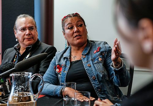 JOHN WOODS / FREE PRESS
Grand Chief Garrison Settee, Manitoba Keewatinowi Okimakanak, listens in as Melissa Robinson speaks at a press conference at the Assembly of Manitoba Chiefs office in Winnipeg Monday, June 10, 2024. Family and supporters gather at the press conference to respond after the final day of the trial of the serial killer of Rebecca Contois, Morgan Harris, Marcedes Myran, and Mashkode Bizhiki'ikwe (Buffalo Woman). 

Reporter: nicole