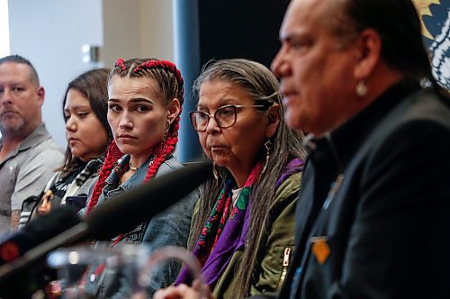 JOHN WOODS / FREE PRESS
Cambria Harris listens in as Grand Chief Garrison Settee, Manitoba Keewatinowi Okimakanak, speaks at a press conference at the Assembly of Manitoba Chiefs office in Winnipeg Monday, June 10, 2024. Family and supporters gather at the press conference to respond after the final day of the trial of the serial killer of Rebecca Contois, Morgan Harris, Marcedes Myran, and Mashkode Bizhiki'ikwe (Buffalo Woman). 

Reporter: nicole