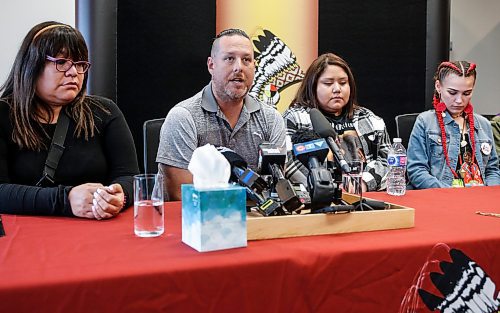 JOHN WOODS / FREE PRESS
Travis Barsi, speaking for Alanna, left, and Stephanie Contois, sisters of Rebecca Contois, speaks at a press conference at the Assembly of Manitoba Chiefs office in Winnipeg Monday, June 10, 2024. Family and supporters gather at the press conference to respond after the final day of the trial of the serial killer of Rebecca Contois, Morgan Harris, Marcedes Myran, and Mashkode Bizhiki'ikwe (Buffalo Woman). 

Reporter: nicole