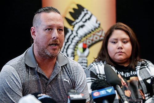 JOHN WOODS / FREE PRESS
Travis Barsi, speaking for Stephanie Contois, right, and the family of Rebecca Contois, speaks at a press conference at the Assembly of Manitoba Chiefs office in Winnipeg Monday, June 10, 2024. Family and supporters gather at the press conference to respond after the final day of the trial of the serial killer of Rebecca Contois, Morgan Harris, Marcedes Myran, and Mashkode Bizhiki'ikwe (Buffalo Woman). 

Reporter: nicole