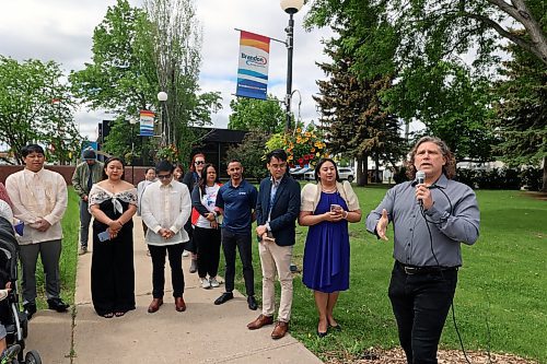 Mayor Jeff Fawcett speaks during a flag-raising event commemorating Filipino Heritage Month on Tuesday morning at Brandon City Hall. (Colin Slark/The Brandon Sun)