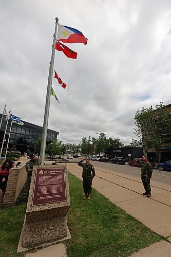 Members of 2nd Battalion, Princess Patricia's Canadian Light Infantry of Filipino descent assisted in a flag-raising ceremony for Filipino Heritage Month in front of Brandon City Hall on Tuesday. (Colin Slark/The Brandon Sun)