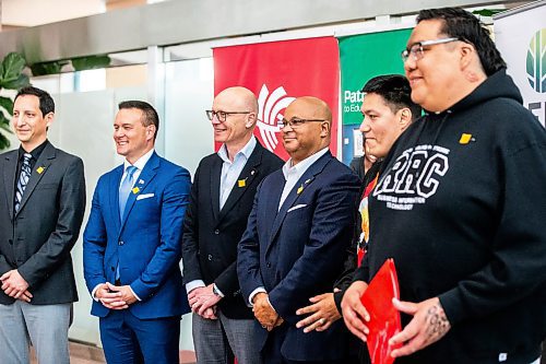 MIKAELA MACKENZIE / FREE PRESS

Fred Meier, president and CEO of RRC Polytech (centre left), and Damon Murchison, president and CEO of IG Wealth Management (centre right), pose for a photo with other involved parties in the IG Wealth Management head office on Tuesday, June 11, 2024. IG Wealth Management is announcing two new education partnerships, with Pathways to Education Winnipeg and Red River College Polytechnic.

For Gabby story.

