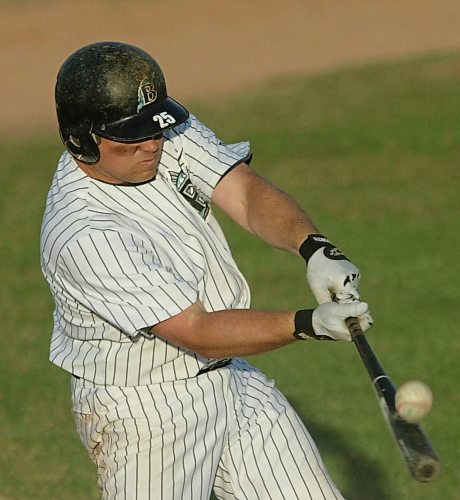 Brandon Marlins batter Ryan Boguski hits a single off Neepawa Farmers' pitcher Kevin McNeill during the bottom of the fifth inning in Manitoba Senior Baseball Leauge regular season action at what's now Andrews Field on June 6, 2006. (Brandon Sun file photo)