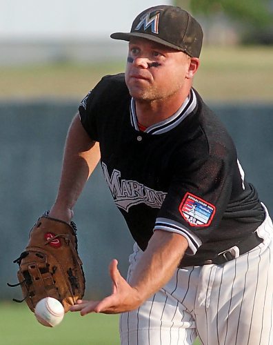 Marlins pitcher Ryan Boguski tosses a grounder to first base for the out. (Brandon Sun file photo)